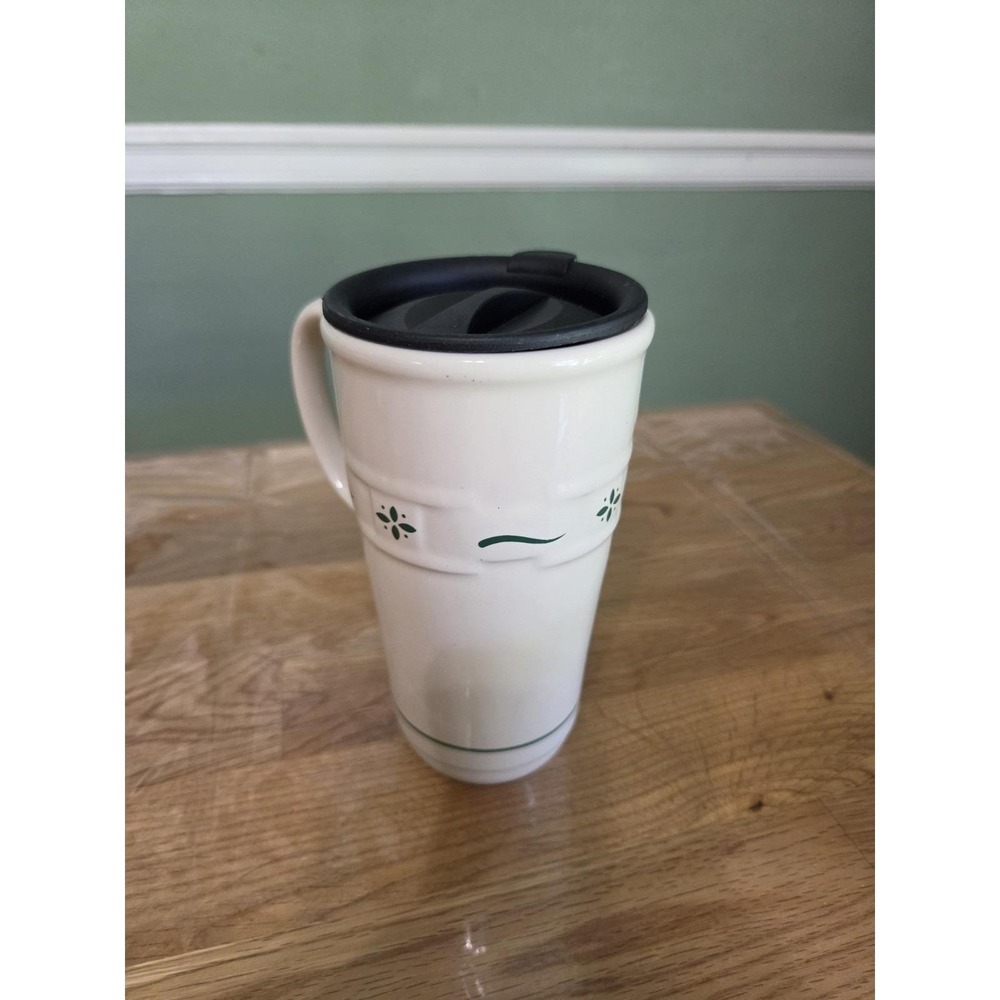 Longaberger Pottery Tall Green Woven 16oz Coffee Mug with lid